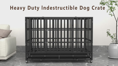 Heavy Duty Escape-Proof Dog Crate with Wheels & Removable Tray – Double Door Indoor Kennel for Large & XL Dogs | 42IN & 48IN