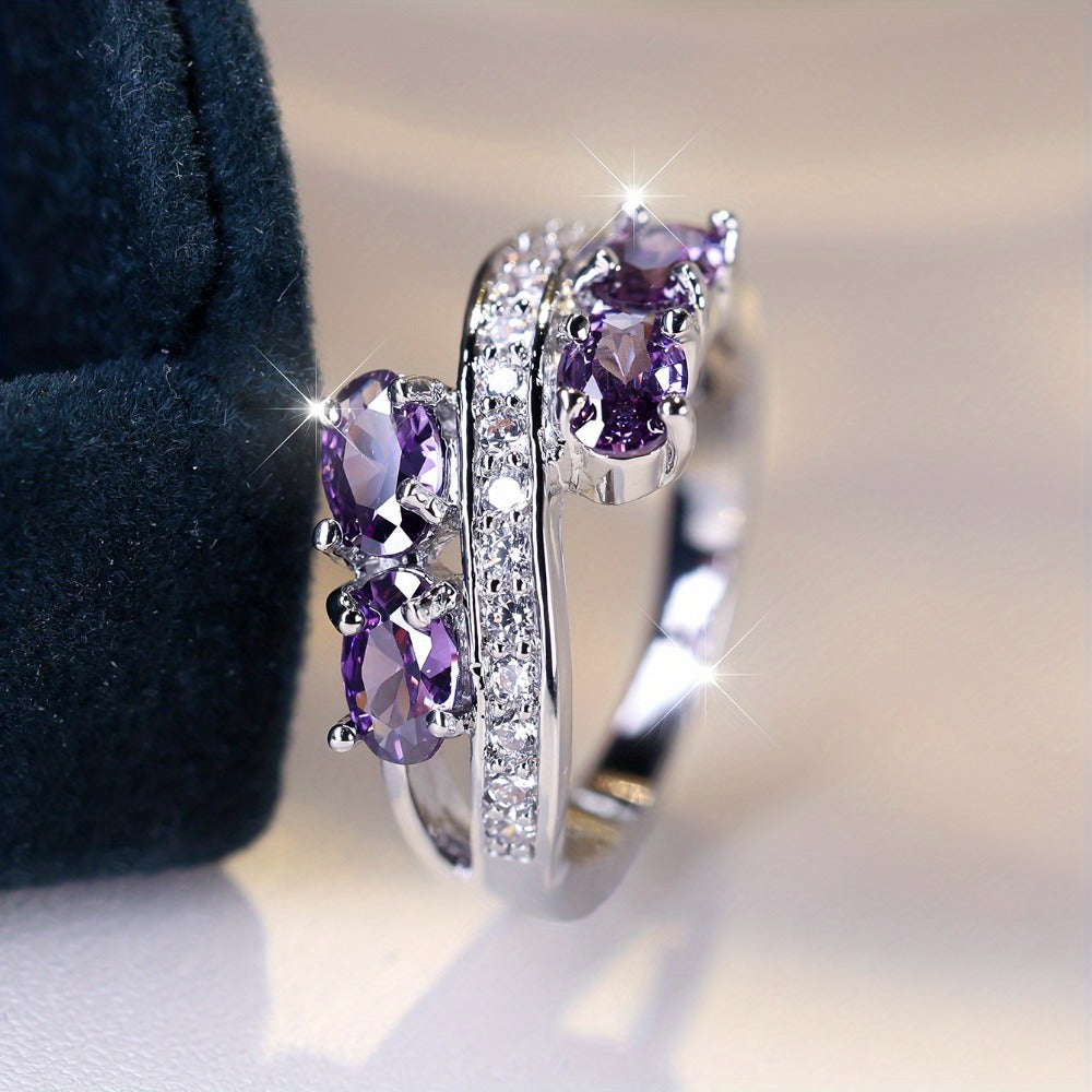 Rings for Women - Purple Zirconia Ring S925 Sterling Silver - Elegant Synthetic Gemstone - product detail view 7