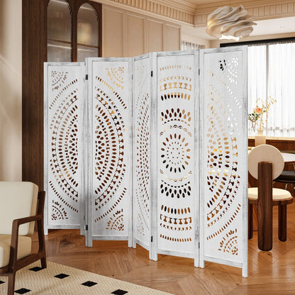 Room Divider, 94.5 Inch Tall Folding Wood Carved Boho Privacy Screen 3 or 6 Panels shown in the main product view