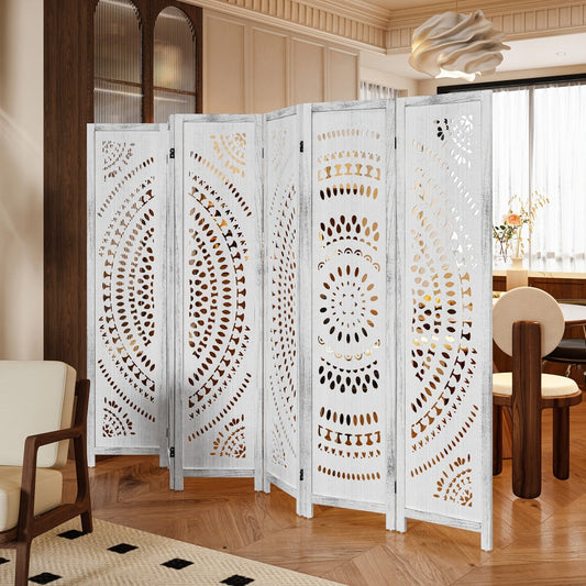 Room Divider, 94.5 Inch Tall Folding Wood Carved Boho Privacy Screen 3 or 6 Panels shown in the main product view