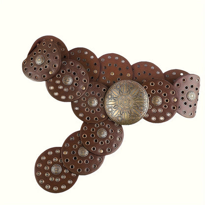 Women's Belt - Boho Western Vintage Engraved Round Buckle Perforated Leather Bohemian - product detail view 8
