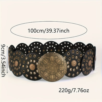 Women's Belt - Boho Western Vintage Engraved Round Buckle Perforated Leather Bohemian - product detail view 9