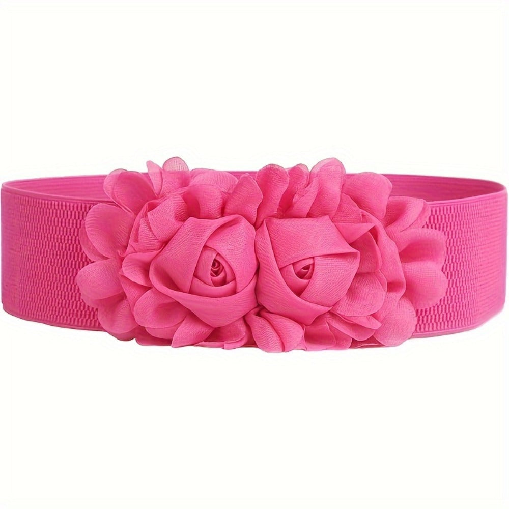 Women's Belt - Elastic Wide Waist for Rose Double Flower Stretch for Dress Skirt Boho - product detail view 3