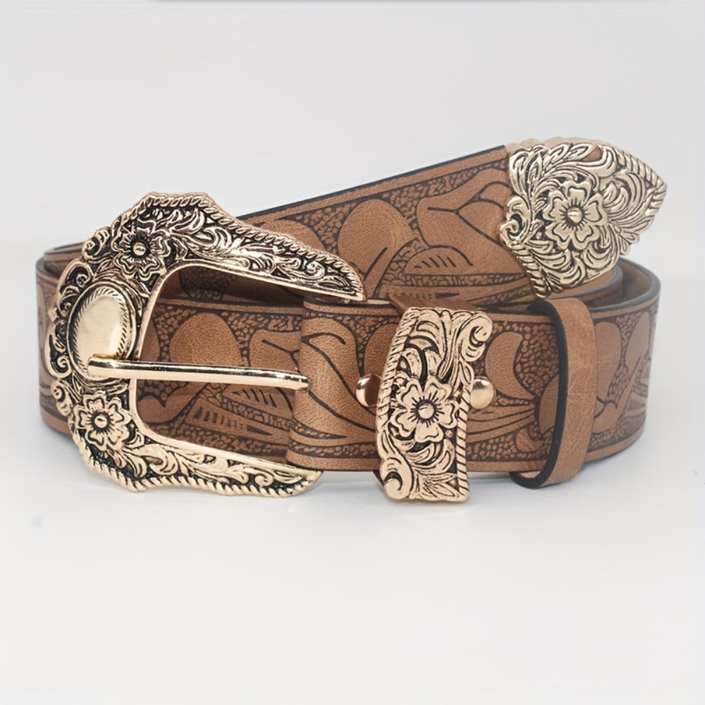 Men's Belt - Floral Embossed PU for Women - Vintage Western Carving Buckle Leather - product detail view 3