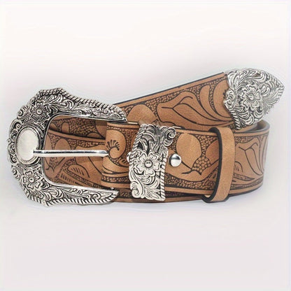 Men's Belt - Floral Embossed PU for Women - Vintage Western Carving Buckle Leather - product detail view 5