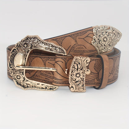 Men's Belt - Floral Embossed PU for Women - Vintage Western Carving Buckle Leather - product detail view 10