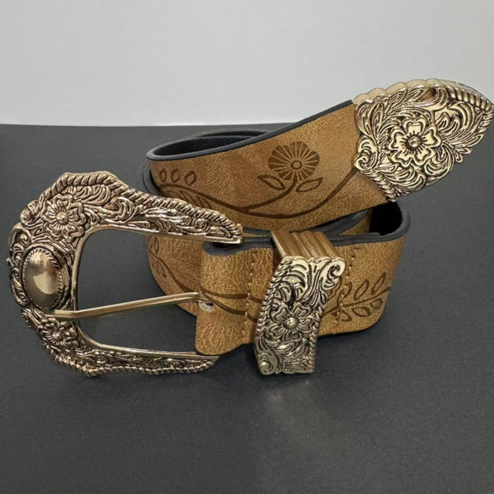 Men's Belt - Floral Western for Women | Vintage Embossed Flower Waistband with Engraved - product detail view 3