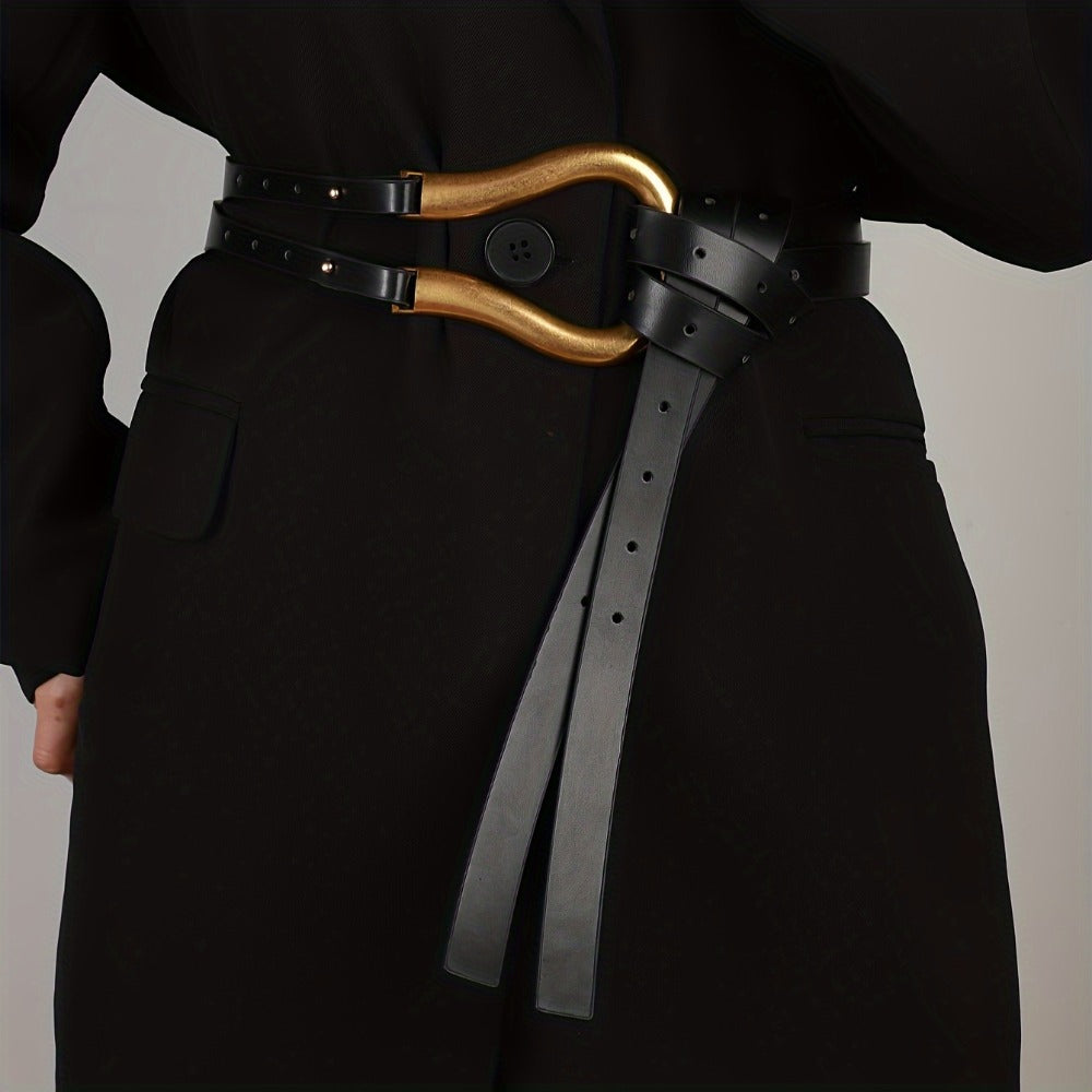Women's Belt - Horseshoe Buckle for - Vintage Casual Black Waist , Adjustable One Size - product detail view 2