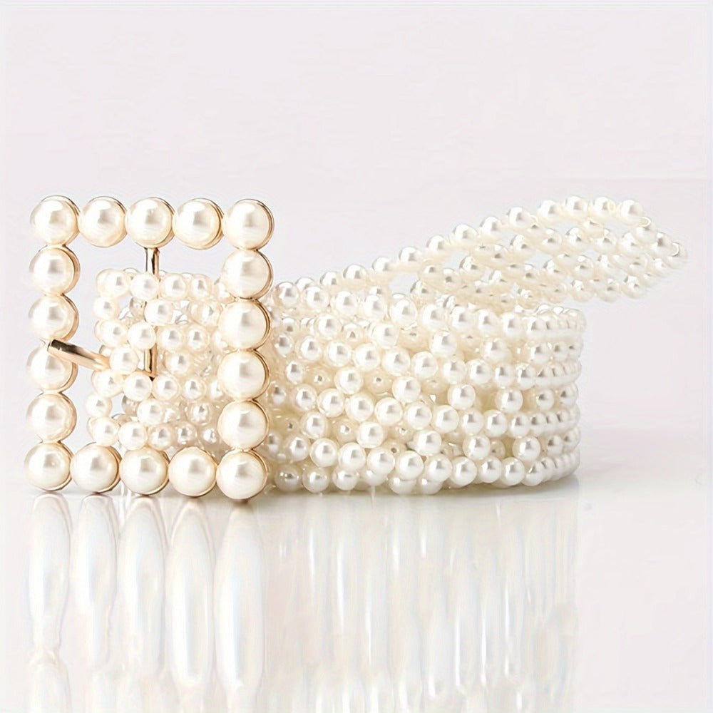 Women's Belt - Pearl for Adjustable Woven Waist - Elegant Hollow Faux Pearl Body Chain - product detail view 7