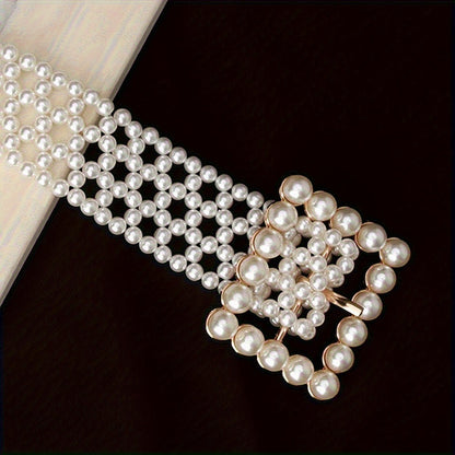 Women's Belt - Pearl for Adjustable Woven Waist - Elegant Hollow Faux Pearl Body Chain - product detail view 9