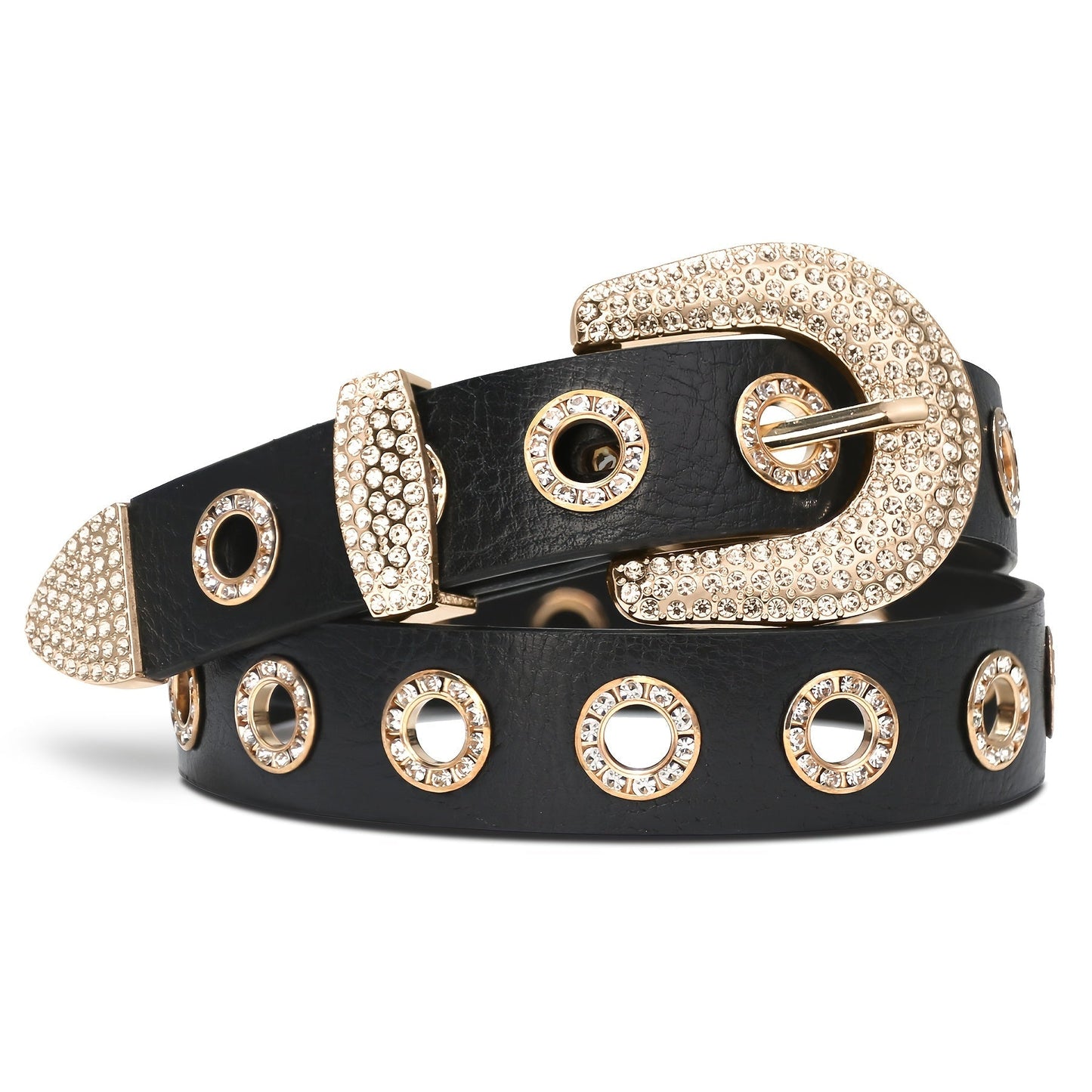 Women's Belt - Punk for Faux Leather Studded Grommet Rhinestone Rock - Vintage Edgy Waist - product detail view 11
