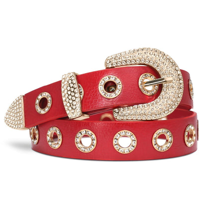 Women's Belt - Punk for Faux Leather Studded Grommet Rhinestone Rock - Vintage Edgy Waist - product detail view 12