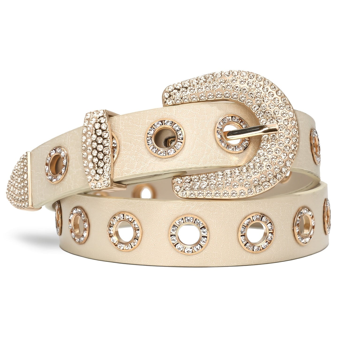 Women's Belt - Punk for Faux Leather Studded Grommet Rhinestone Rock - Vintage Edgy Waist - product detail view 14