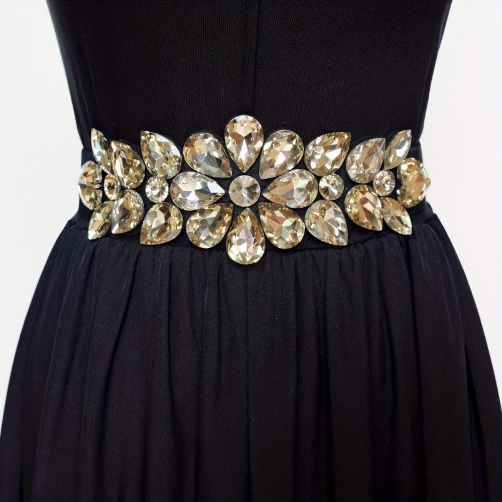 Women's Belt - Rhinestone Beaded Stretch for Shiny Big Glass Gem Exaggerated Glamour - product detail view 2