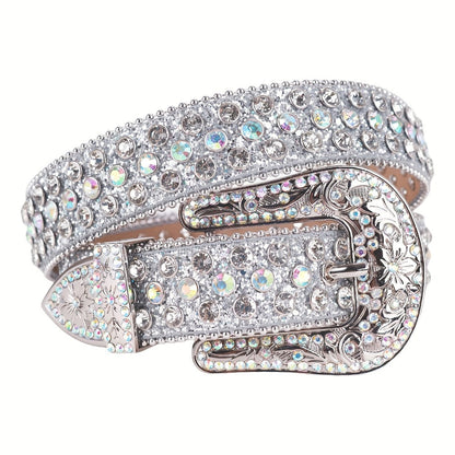Women's Belt - Rhinestone Luxury Bling Crystal Studded Carved Buckle Cowgirl Punk Western - product detail view 2