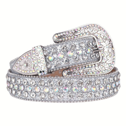 Women's Belt - Rhinestone Luxury Bling Crystal Studded Carved Buckle Cowgirl Punk Western - product detail view 8