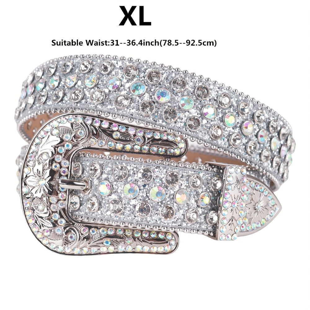 Women's Belt - Rhinestone Luxury Bling Crystal Studded Carved Buckle Cowgirl Punk Western - product detail view 9