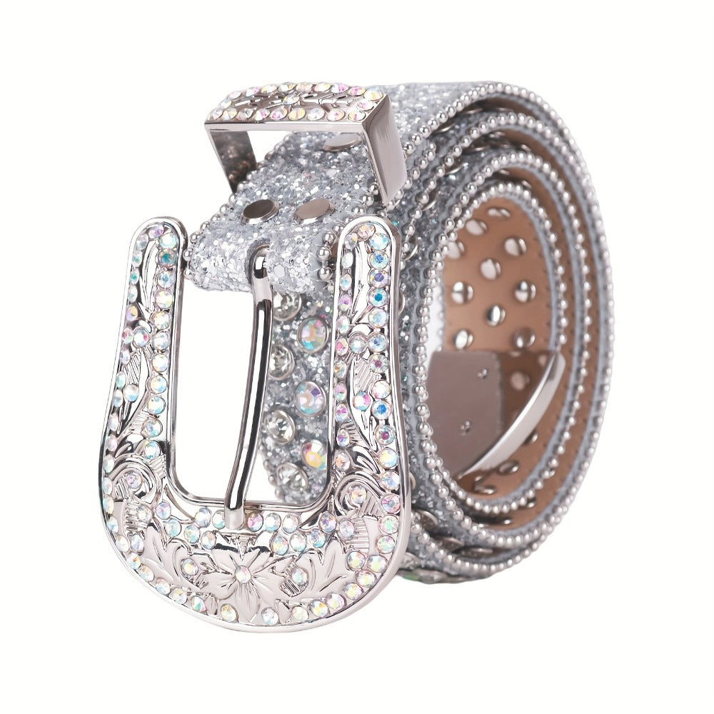 Women's Belt - Rhinestone Luxury Bling Crystal Studded Carved Buckle Cowgirl Punk Western - product detail view 13