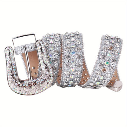 Women's Belt - Rhinestone Luxury Bling Crystal Studded Carved Buckle Cowgirl Punk Western - product detail view 20