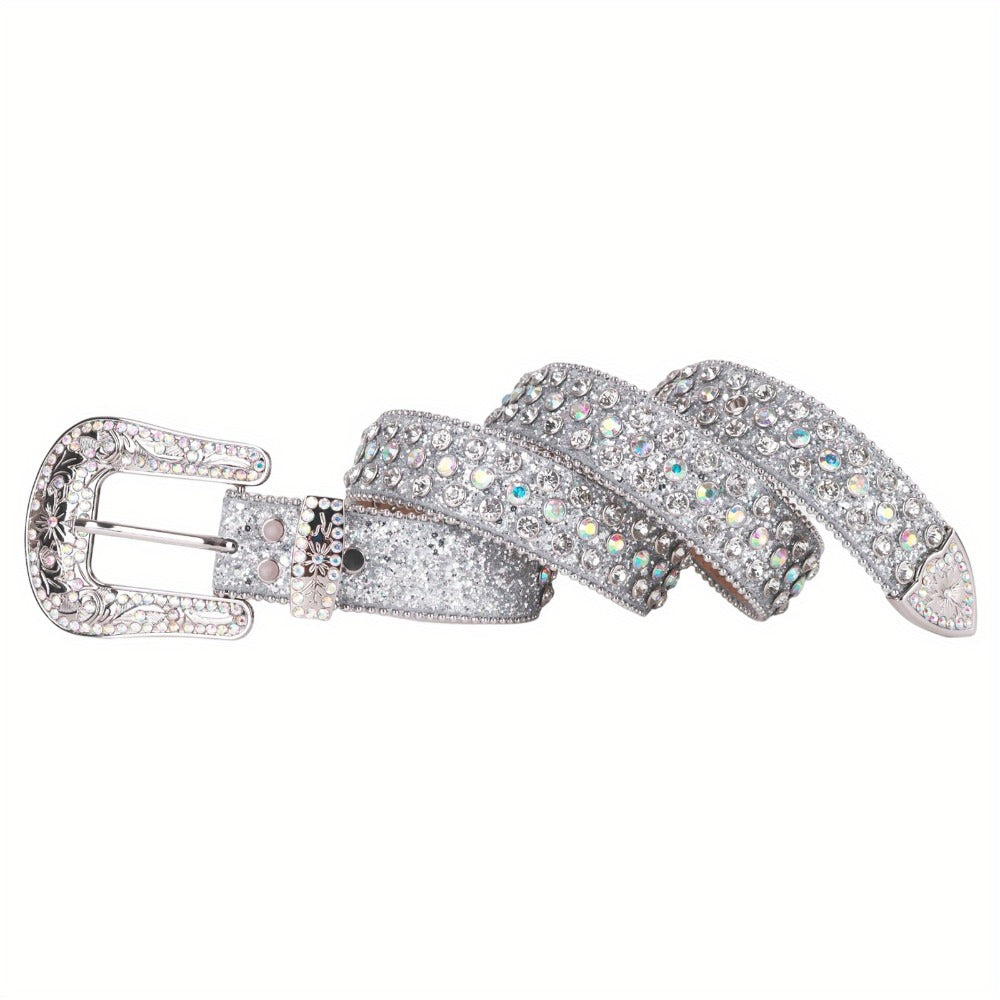 Women's Belt - Rhinestone Luxury Bling Crystal Studded Carved Buckle Cowgirl Punk Western - product detail view 21