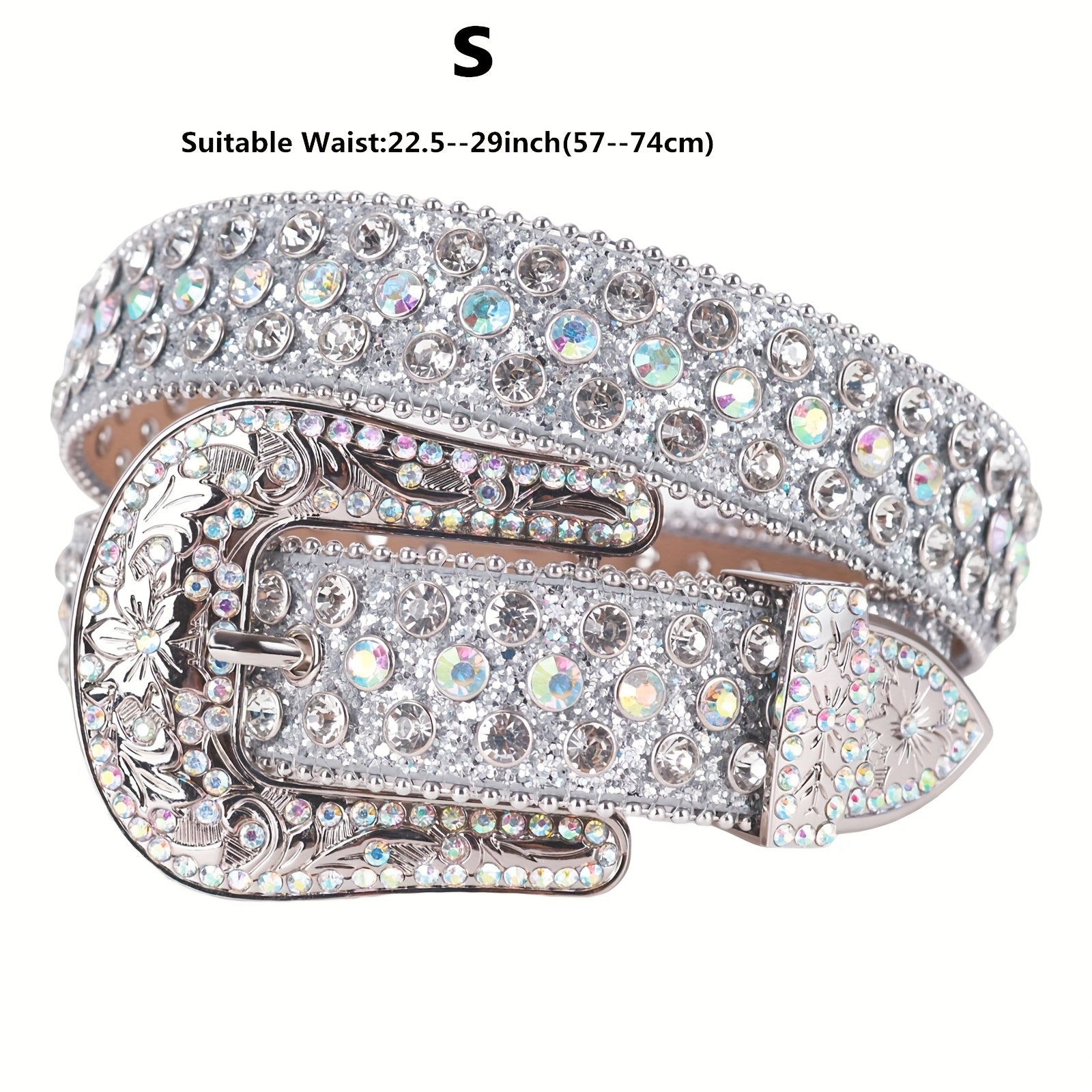 Women's Belt - Rhinestone Luxury Bling Crystal Studded Carved Buckle Cowgirl Punk Western - product detail view 24