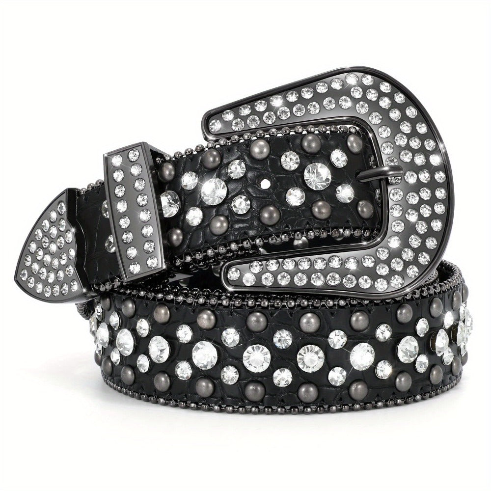 Men's Belt - Rhinestone for Western Cowboy Faux Crocodile Leather Strap Rivet Detail - product detail view 3