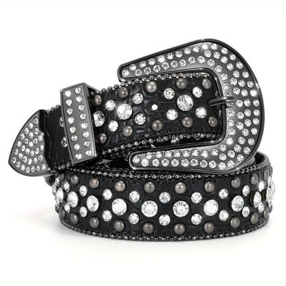 Men's Belt - Rhinestone for Western Cowboy Faux Crocodile Leather Strap Rivet Detail - product detail view 3