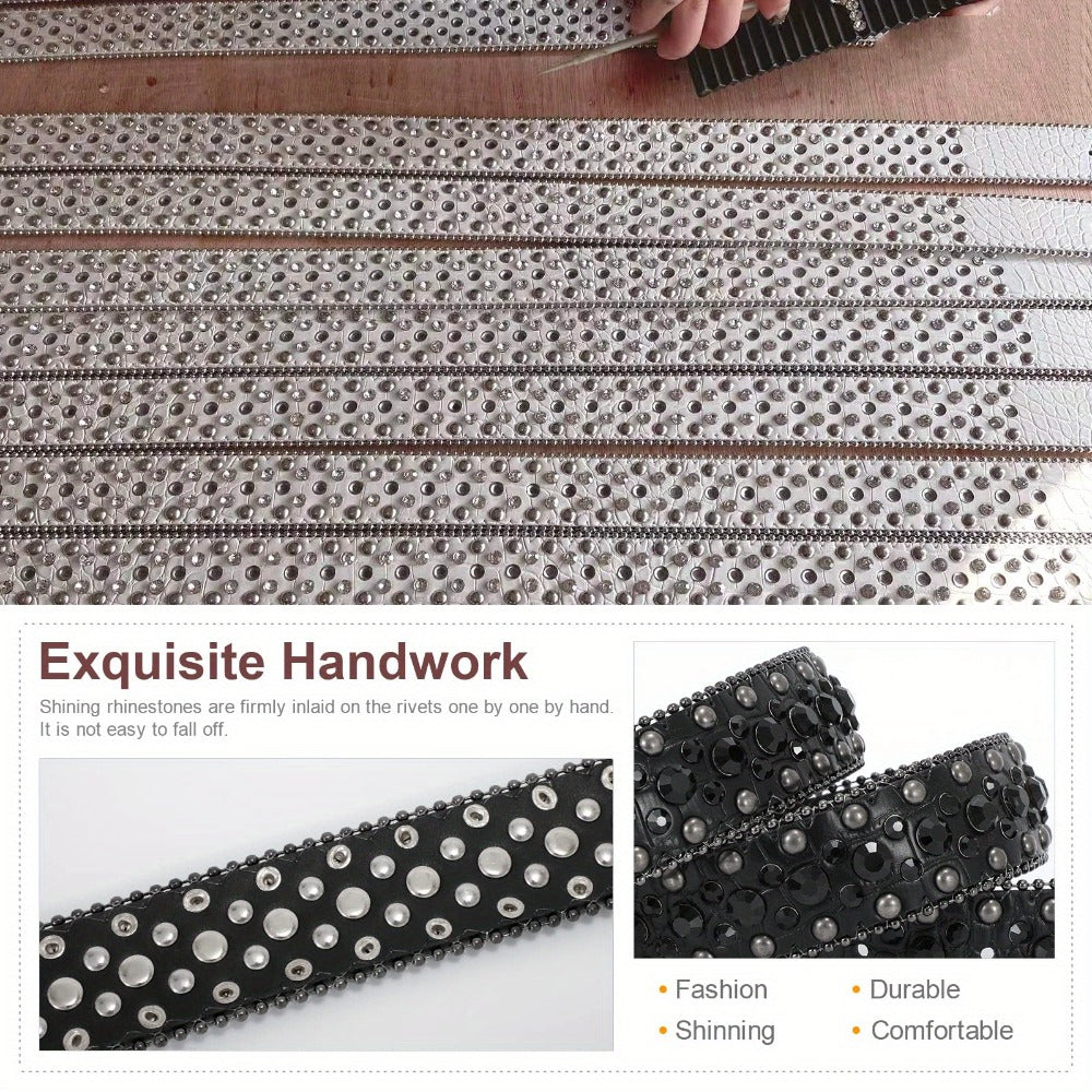 Men's Belt - Rhinestone for Western Cowboy Faux Crocodile Leather Strap Rivet Detail - product detail view 6