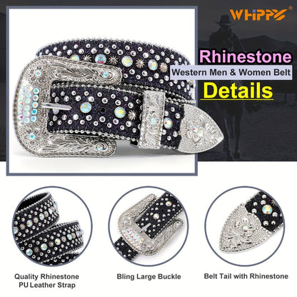 Men's Belt - Rhinestone for Western Cowboy Faux Crocodile Leather Strap Rivet Detail - product detail view 11