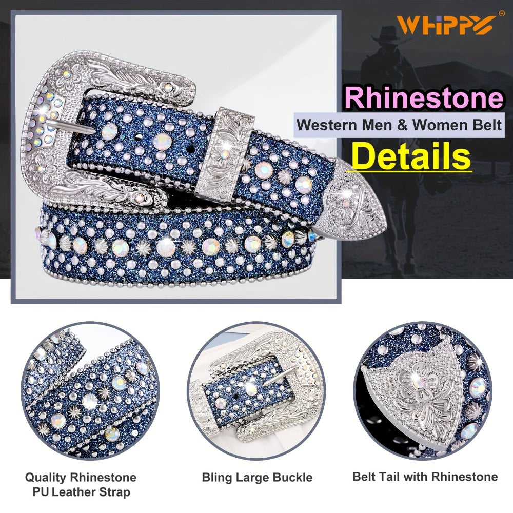 Men's Belt - Rhinestone for Western Cowboy Faux Crocodile Leather Strap Rivet Detail - product detail view 15