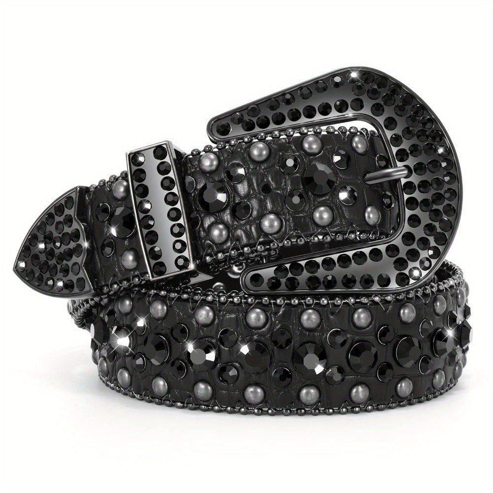 Men's Belt - Rhinestone for Western Cowboy Faux Crocodile Leather Strap Rivet Detail - product detail view 16