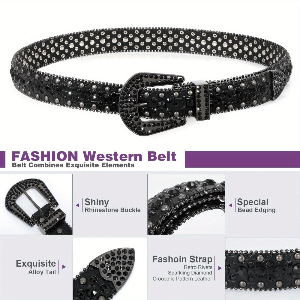 Men's Belt - Rhinestone for Western Cowboy Faux Crocodile Leather Strap Rivet Detail - product detail view 22