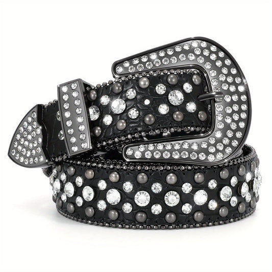 Men's Belt - Rhinestone for Western Cowboy Faux Crocodile Leather Strap Rivet Detail - product detail view 25