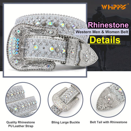 Men's Belt - Rhinestone for Western Cowboy Faux Crocodile Leather Strap Rivet Detail - product detail view 27