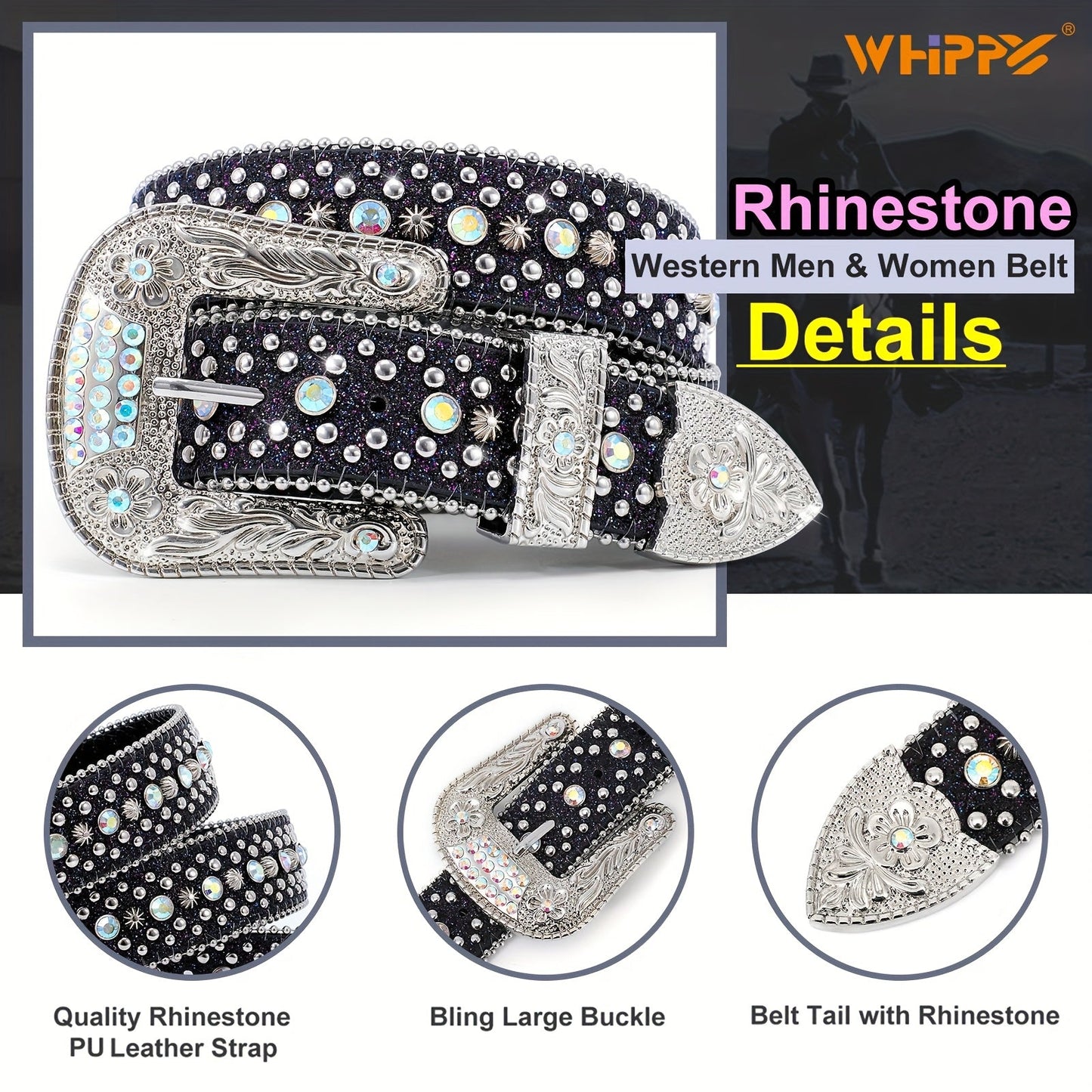 Men's Belt - Rhinestone for Western Cowboy Faux Crocodile Leather Strap Rivet Detail - product detail view 29