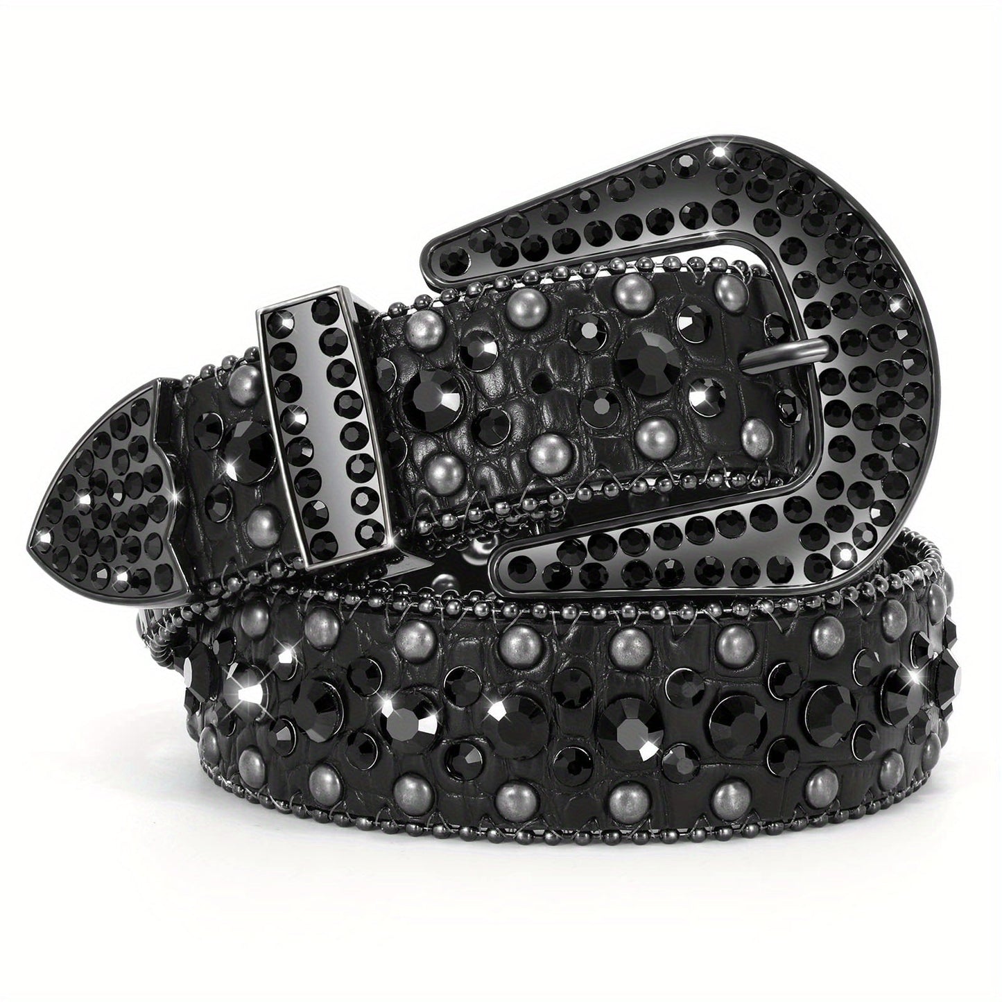 Men's Belt - Rhinestone for Western Cowboy Faux Crocodile Leather Strap Rivet Detail - product detail view 31