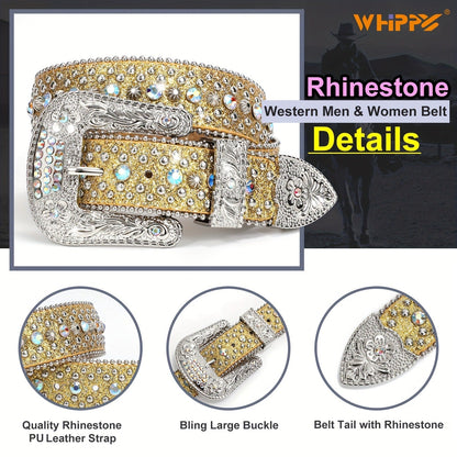 Men's Belt - Rhinestone for Western Cowboy Faux Crocodile Leather Strap Rivet Detail - product detail view 33