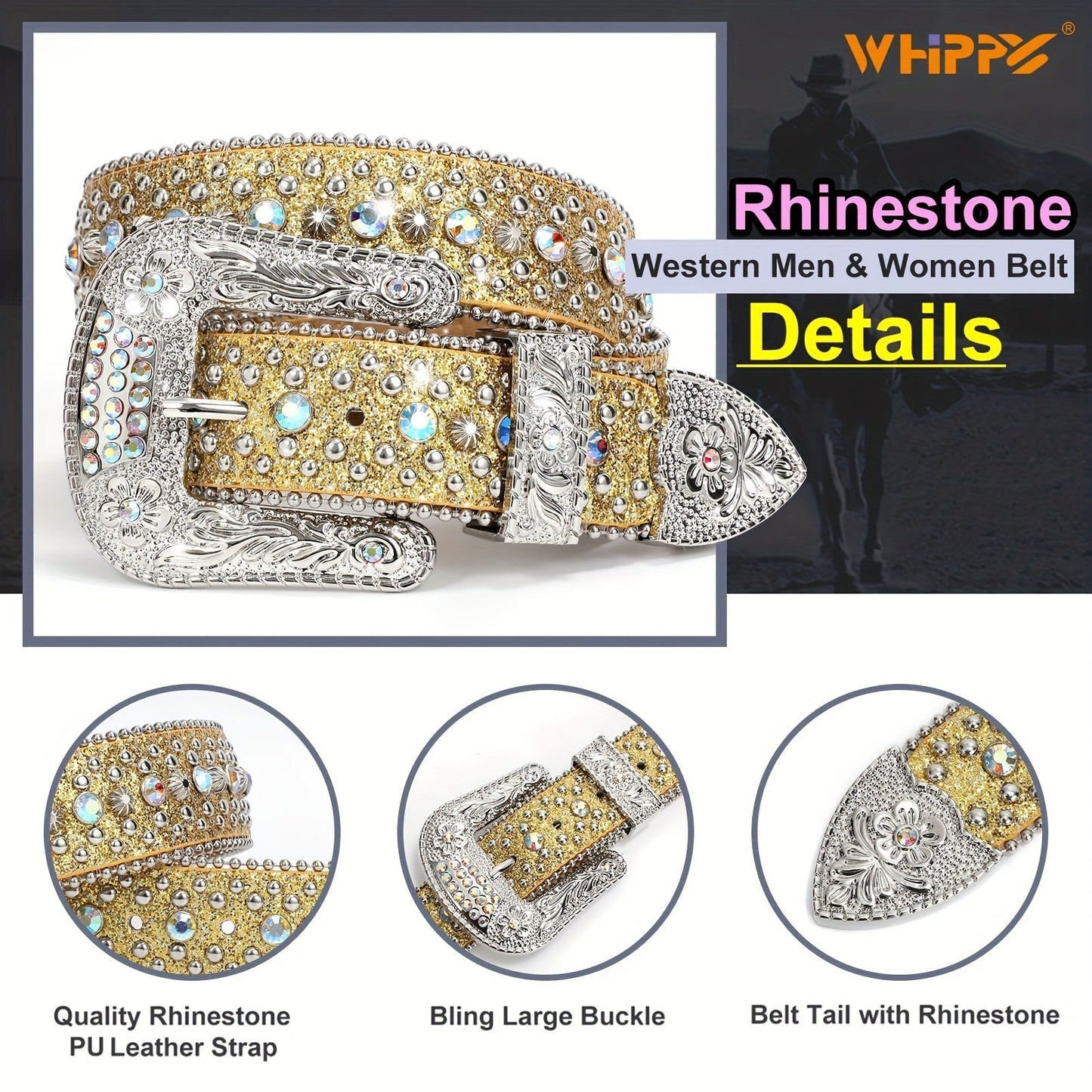 Men's Belt - Rhinestone for Western Cowboy Faux Crocodile Leather Strap Rivet Detail - product detail view 34
