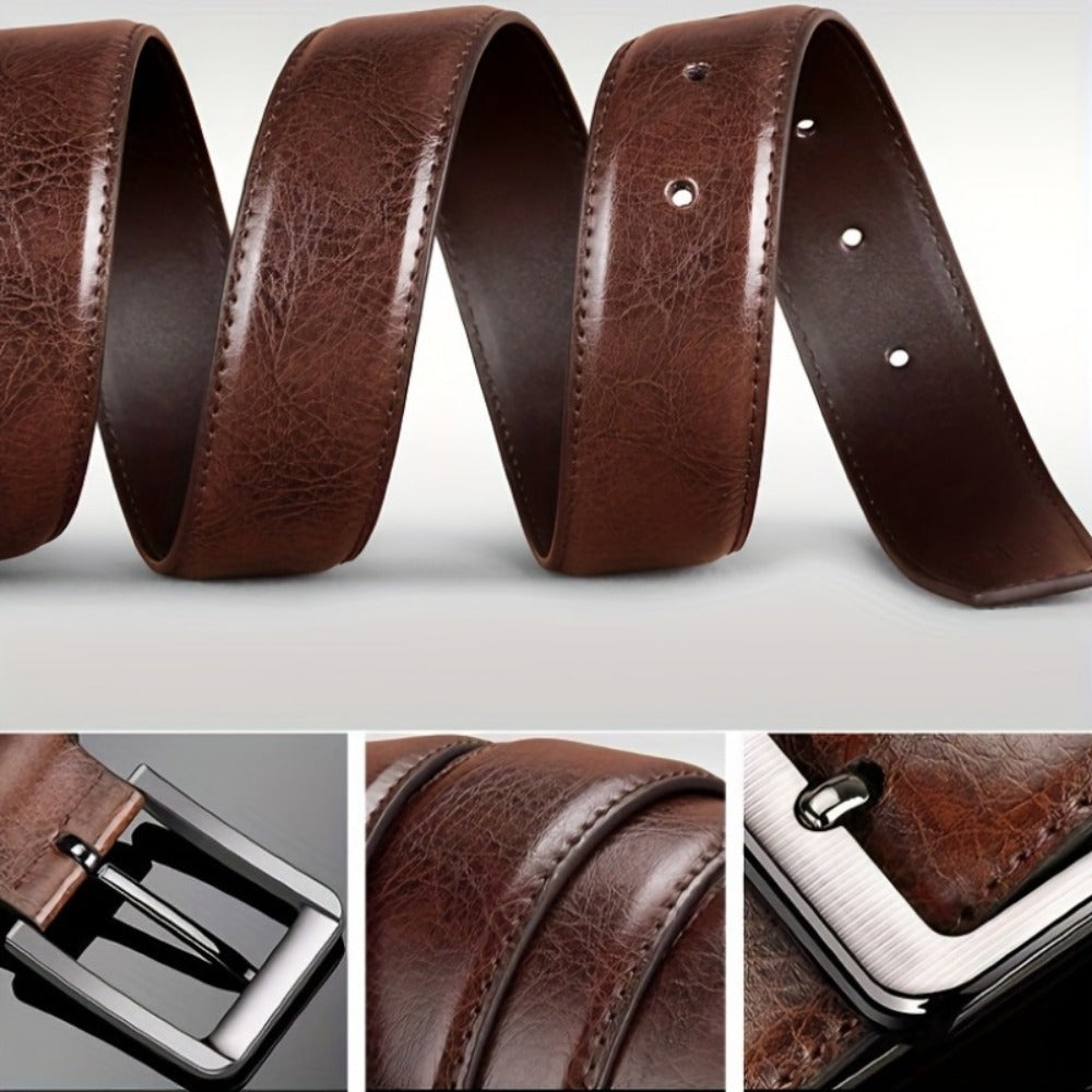 Men's Belt - 's Leather 2-Pack Pin Buckle Casual Retro Genuine Style Jeans Set - product detail view 7