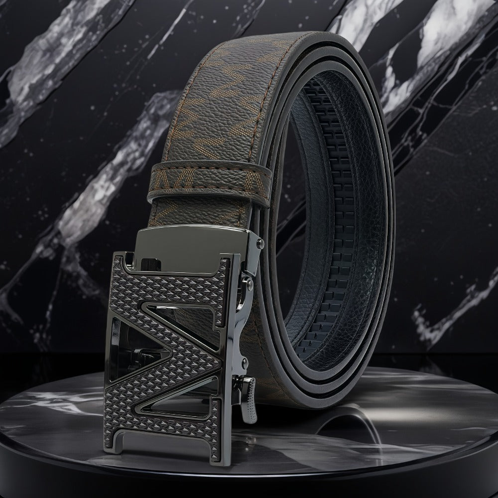 Men's Belt - 's Leather Automatic Buckle Letter M Alloy Buckle Adjustable Dress Black - product detail view 3