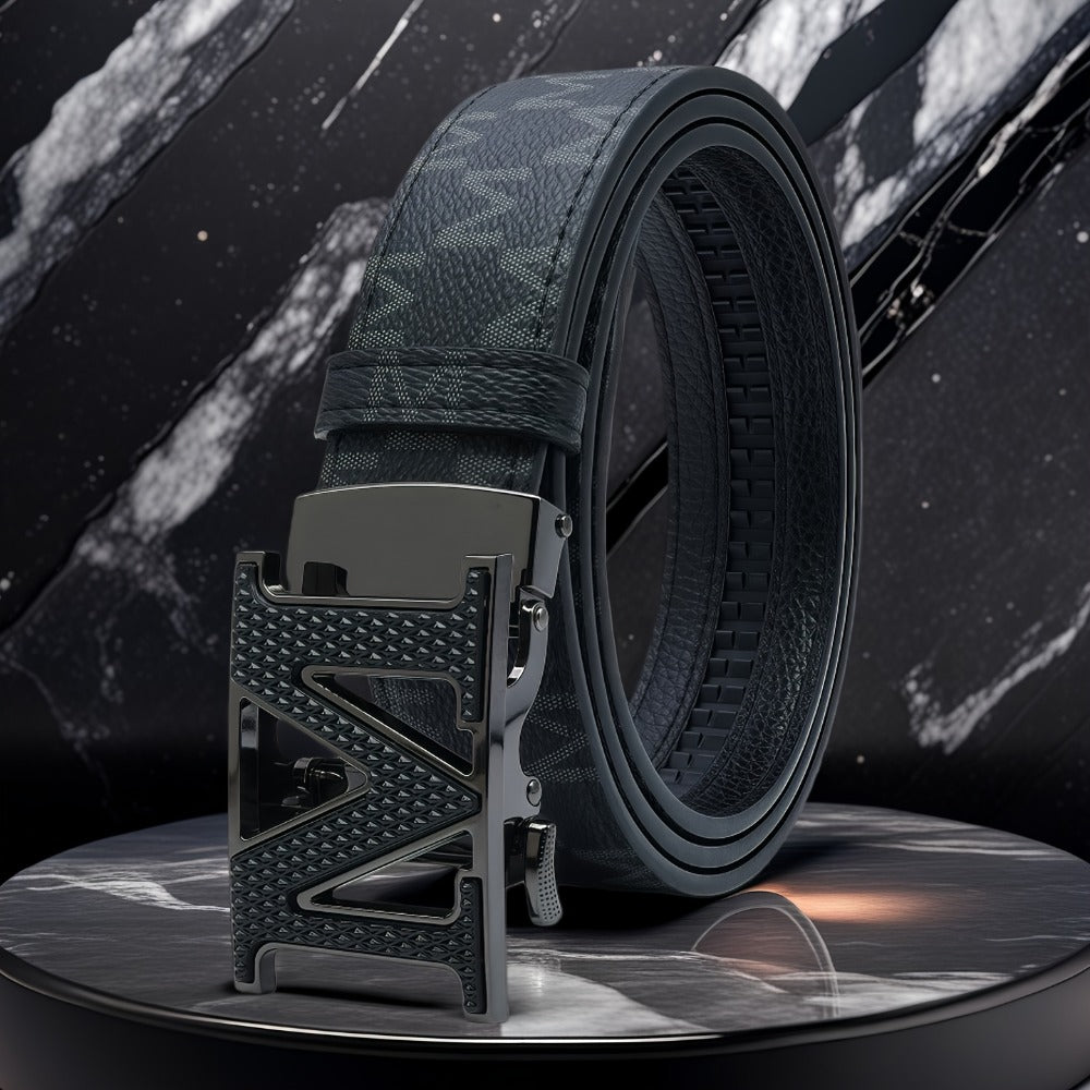 Men's Belt - 's Leather Automatic Buckle Letter M Alloy Buckle Adjustable Dress Black - product detail view 4