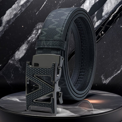Men's Belt - 's Leather Automatic Buckle Letter M Alloy Buckle Adjustable Dress Black - product detail view 4
