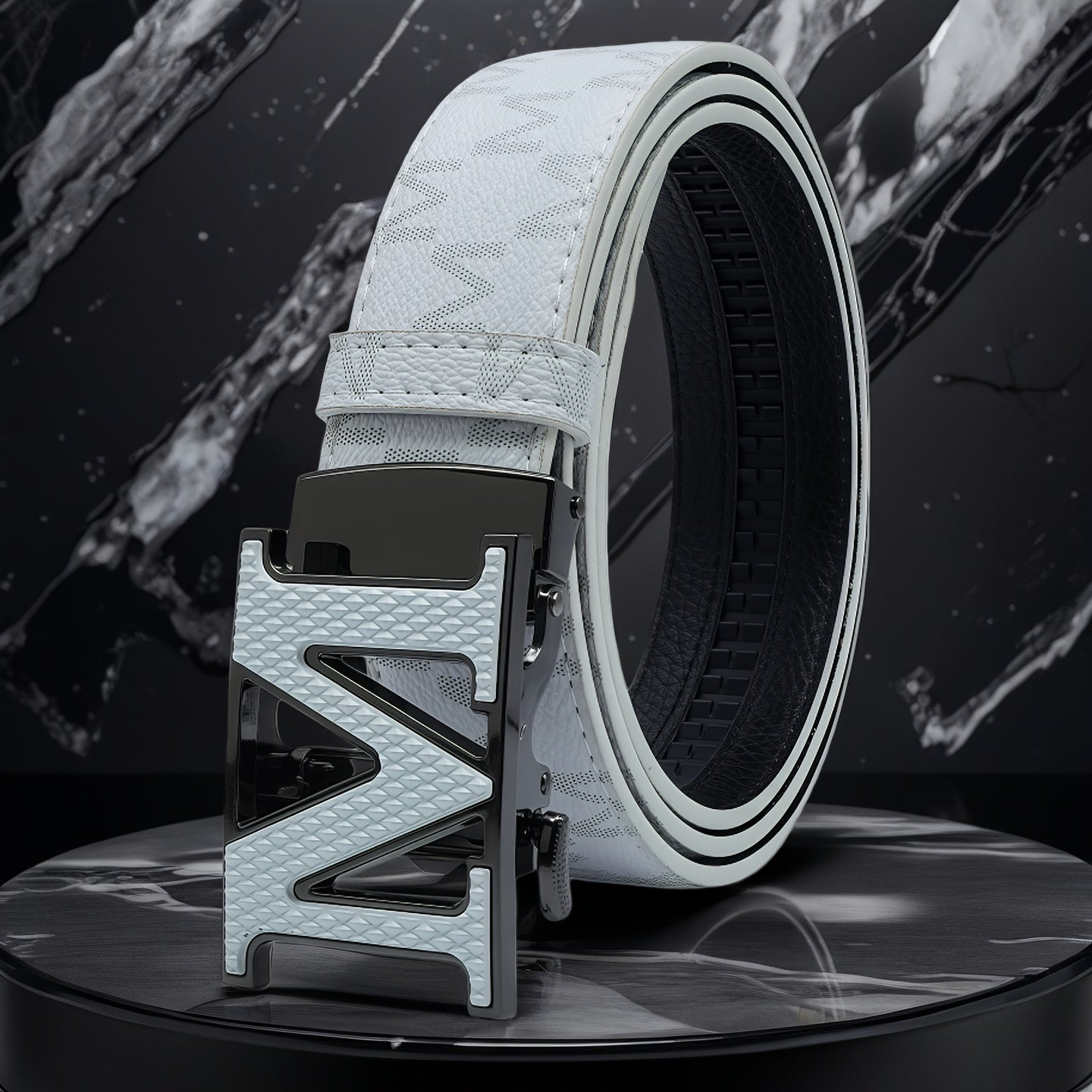 Men's Belt - 's Leather Automatic Buckle Letter M Alloy Buckle Adjustable Dress Black - product detail view 12