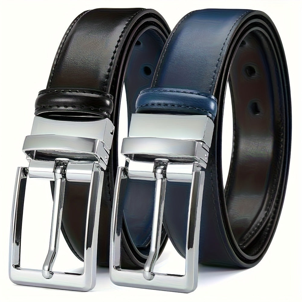 Men's Belt - 's Reversible Genuine Leather Two-Tone Flip Buckle Two in One, Black Blue - product detail view 3