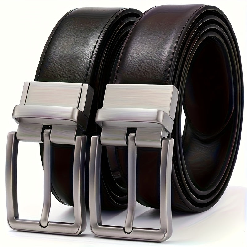 Men's Belt - 's Reversible Genuine Leather Two-Tone Flip Buckle Two in One, Black Blue - product detail view 14