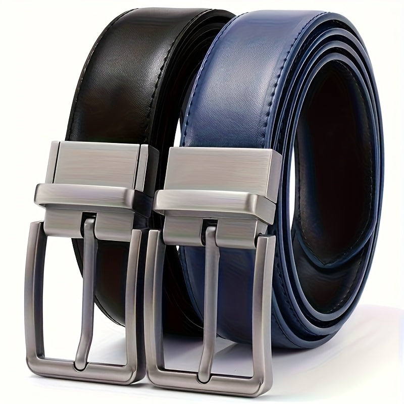 Men's Belt - 's Reversible Genuine Leather Two-Tone Flip Buckle Two in One, Black Blue - product detail view 18