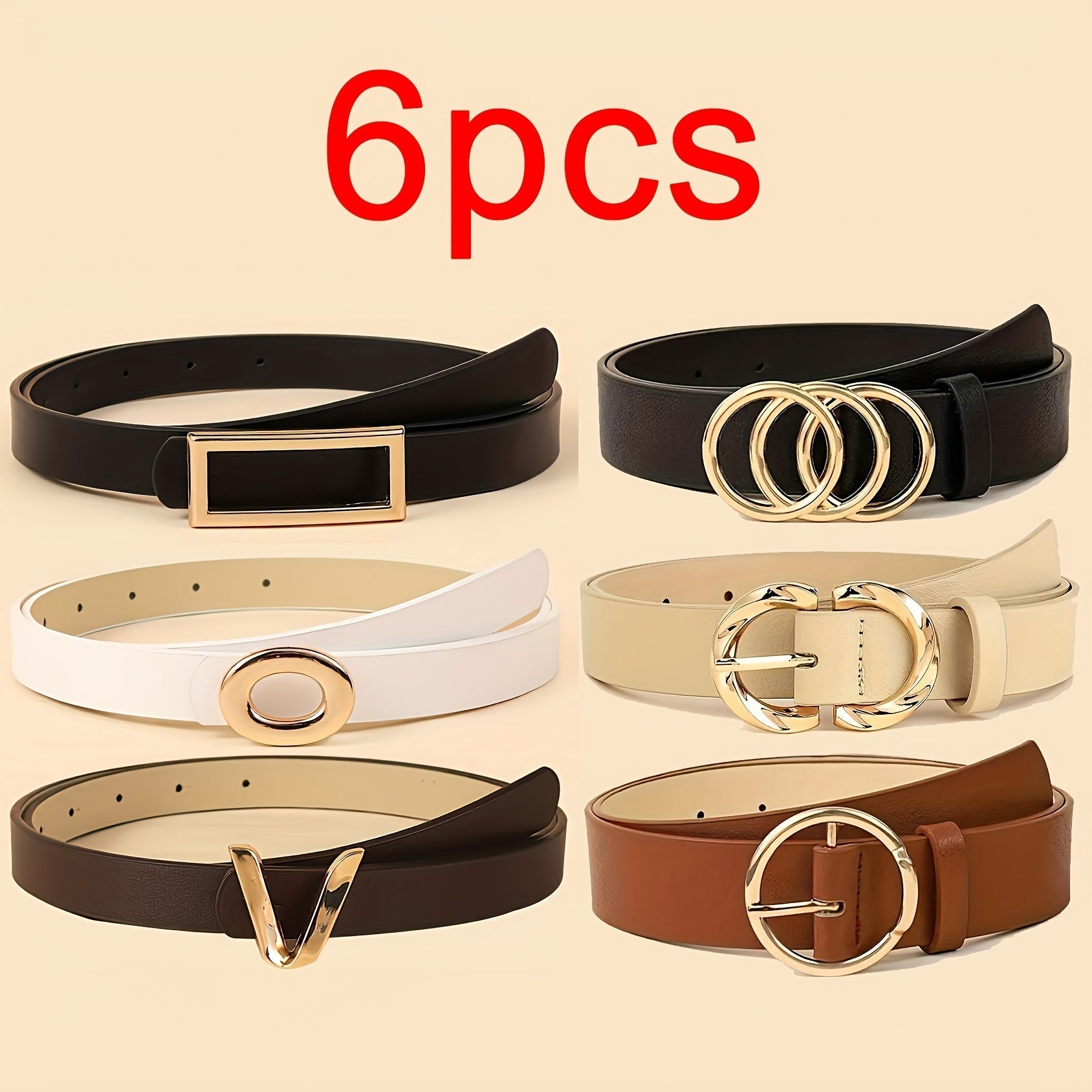 Women's Belt - 's Set 6Pcs - PU Leather with Metal Buckle Multi Style, Black Beige Brown - product detail view 11