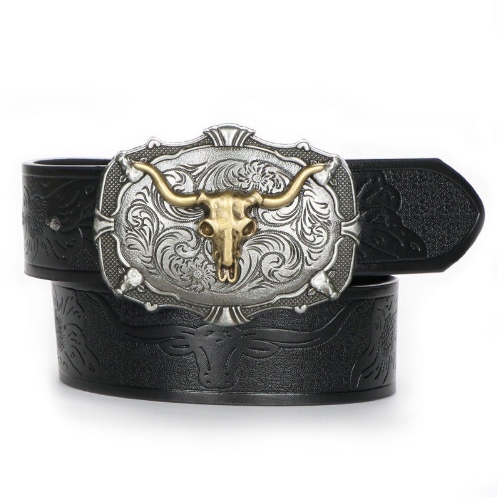Men's Belt - 's Western Cowboy Set 2-Pack Bull Buckle Embossed Floral Faux Leather - product detail view 3