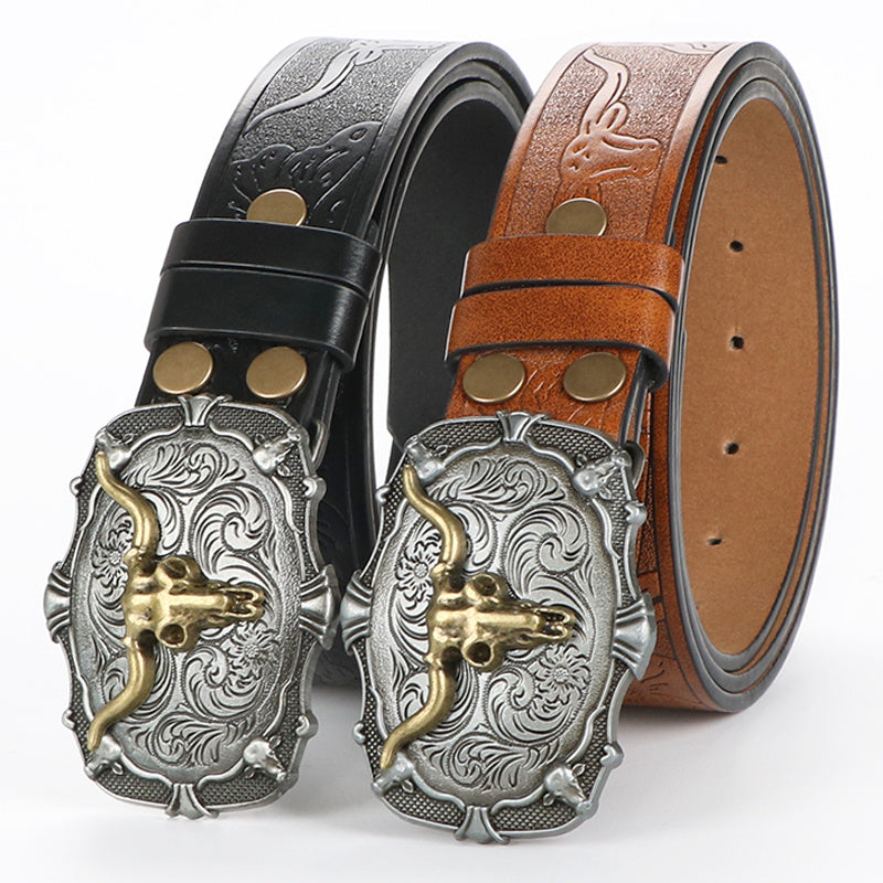 Men's Belt - 's Western Cowboy Set 2-Pack Bull Buckle Embossed Floral Faux Leather - product detail view 20