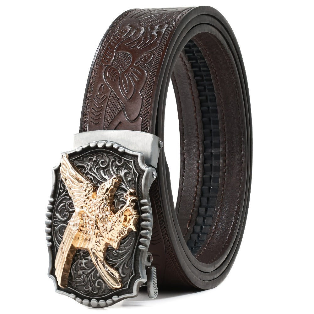 Men's Belt - 's Western Ratchet Faux Leather Sliding Automatic Click Buckle Hawk Horse - product detail view 6